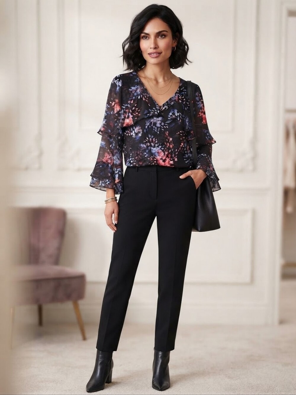 White House Black Market Floral Chiffon Sheer Ruffle Blouse Sz 10 Flare Sleeve